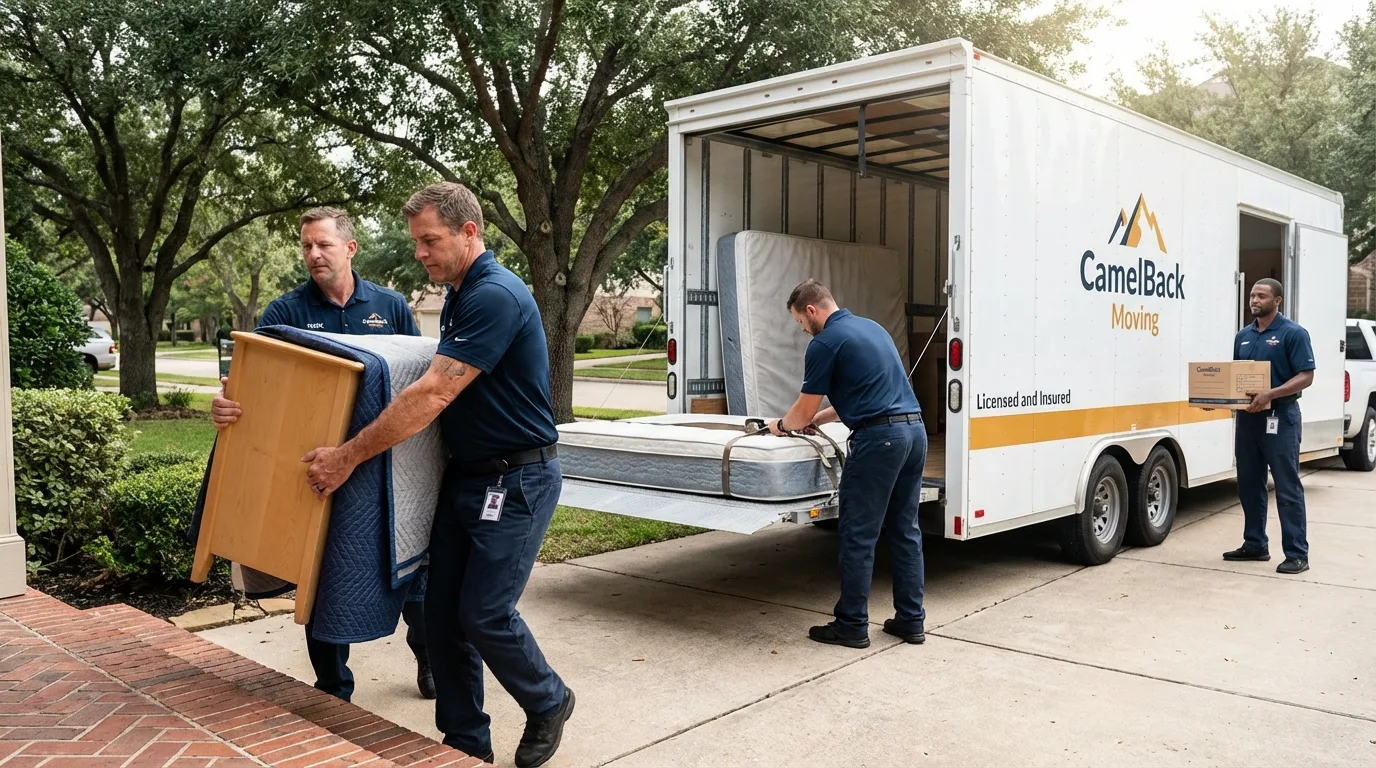 Crew loading residential truck for cross-state move from Westmorland, CA