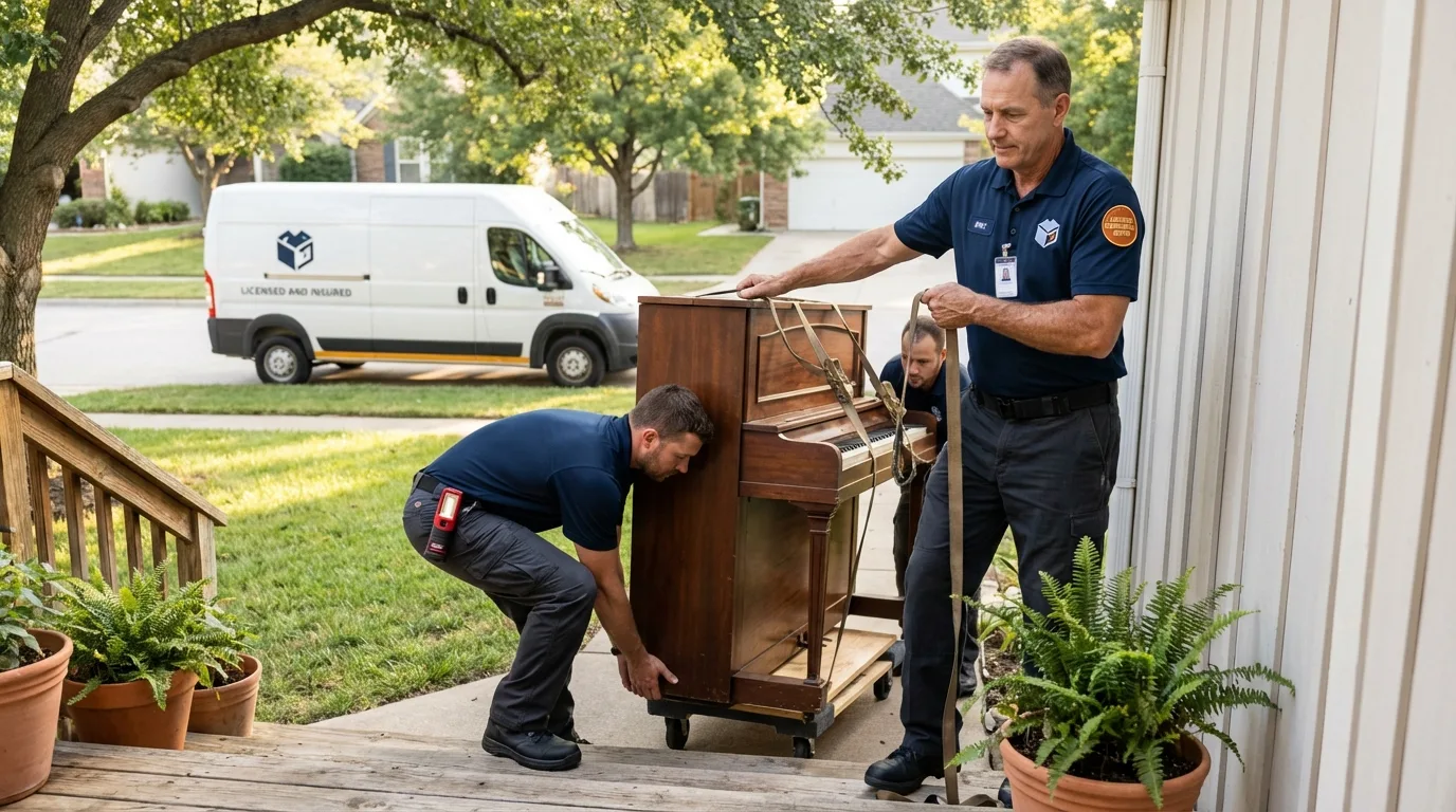 Licensed piano movers securing grand piano in Westmorland, CA