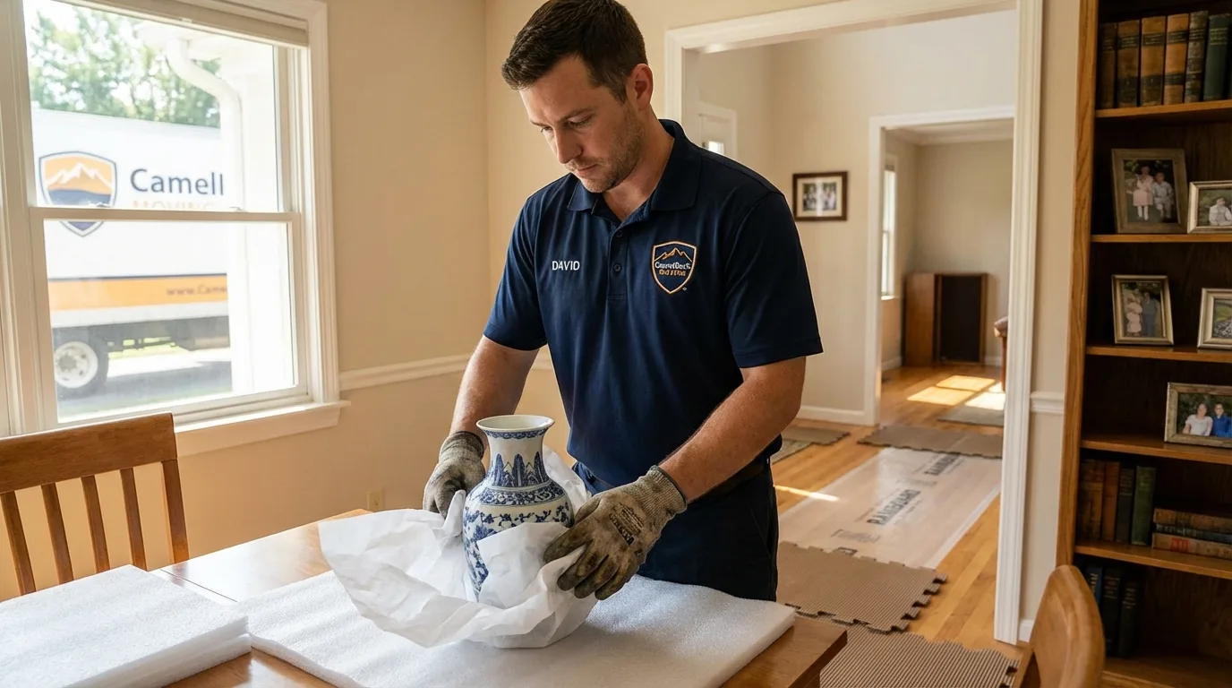 Professional crew carefully wrapping antique vase for senior downsizing move in Westmorland, CA